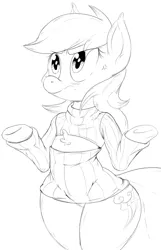 Size: 1235x1920 | Tagged: suggestive, artist:purple-yoshi-draws, derpibooru import, rainbow dash, pegasus, pony, semi-anthro, bipedal, chest fluff, clothes, female, keyhole turtleneck, mare, monochrome, open clothes, open-chest sweater, shirt, shrug, sketch, solo, solo female, sweater, turtleneck, underhoof