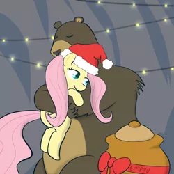 Size: 1000x1000 | Tagged: 45 minute art challenge, artist:empyu, bear, derpibooru import, fluttershy, harry, hat, honey, hug, legitimate bear hugs, safe, santa hat