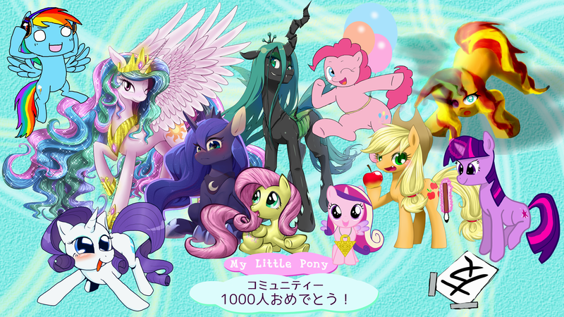 Size: 2880x1620 | Tagged: safe, artist:aruurara, artist:hashioaryut, artist:kotatsu, artist:monon0, artist:phoenixperegrine, derpibooru import, applejack, fluttershy, pinkie pie, princess cadance, princess celestia, princess luna, queen chrysalis, rainbow dash, rarity, sunset shimmer, twilight sparkle, alicorn, changeling, earth pony, pegasus, pony, unicorn, alternate mane seven, japanese, mane six, multiple artists, pixiv, yu-gi-oh!