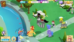 Size: 1136x640 | Tagged: safe, derpibooru import, dinky hooves, king sombra, octavia melody, parish nandermane, sunset shimmer, pony, astro pony, floating, gameloft, gameloft shenanigans, royal guard