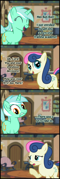 Size: 800x2370 | Tagged: questionable, derpibooru import, bon bon, lyra heartstrings, sweetie drops, earth pony, pony, unicorn, 4koma, comic, duo, female, mare, porn star, pun, show accurate