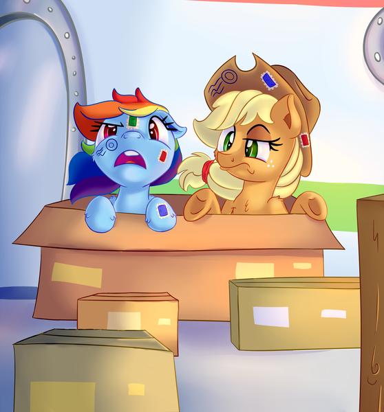 Size: 2325x2500 | Tagged: safe, artist:discorded, derpibooru import, applejack, rainbow dash, box, literal shipping, newbie artist training grounds, pun, stamp