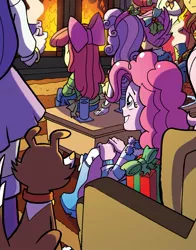 Size: 644x823 | Tagged: safe, derpibooru import, idw, apple bloom, fluttershy, pinkie pie, rarity, scootaloo, sunset shimmer, sweetie belle, winona, equestria girls, spoiler:comic, spoiler:comicholiday2014, boots, chocolate, fireplace, food, high heel boots, holly, hot chocolate, present