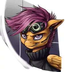 Size: 700x772 | Tagged: artist:aphexangel, derpibooru import, earpiece, grin, night vision goggles, safe, scootaloo, solo, stalkerloo