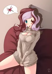 Size: 2894x4093 | Tagged: artist:s1k bo1, big breasts, bottomless, breasts, cleavage, clothes, covering, dead source, derpibooru import, female, human, humanized, implying, keyhole turtleneck, no panties, oc, oc:creamy, open-chest sweater, pictogram, solo, solo female, suggestive, sweater, turtleneck, unofficial characters only