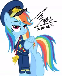 Size: 900x1103 | Tagged: safe, artist:bluse, derpibooru import, rainbow dash, pegasus, pony, background removed, backwards cutie mark, clothes, cute, dashabetes, female, long mane, sexy, show accurate, signature, simple background, solo, uniform, white background, wonderbolts dress uniform, wonderbolts uniform