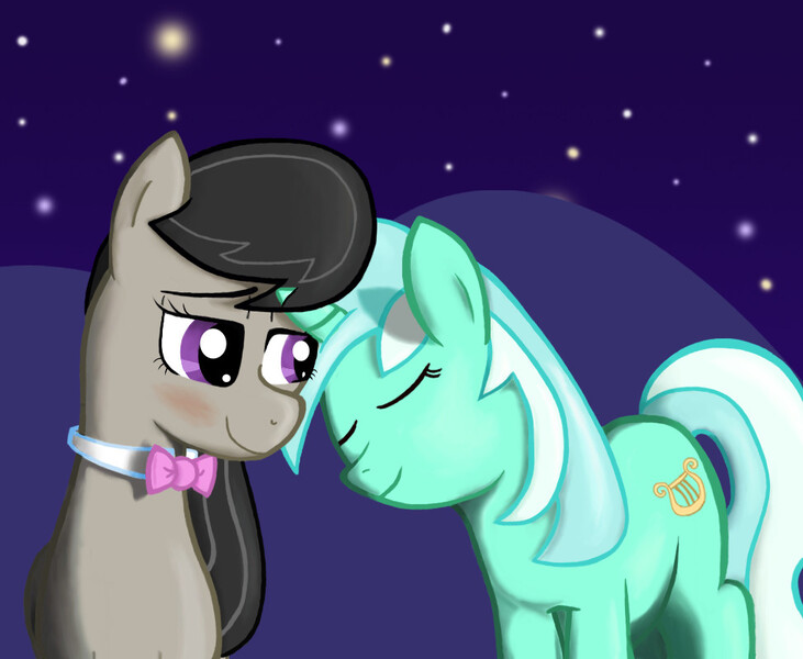 Size: 974x800 | Tagged: safe, artist:theumbrellaboy, derpibooru import, lyra heartstrings, octavia melody, earth pony, pony, unicorn, eyes closed, female, lesbian, night, octyra, shipping, stars