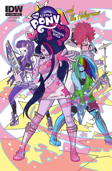 Size: 1054x1600 | Tagged: safe, artist:sophie campbell, derpibooru import, edit, idw, pinkie pie, rainbow dash, rarity, twilight sparkle, equestria girls, rainbow rocks, belly button, comic cover, crossover, drums, guitar, hair over one eye, jem, jem and the holograms, keytar, midriff, musical instrument, parody