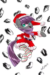 Size: 1200x1800 | Tagged: artist:tofutiles, christmas, clothes, coal, cute, derpibooru import, hat, looking at you, maud pie, open mouth, safe, santa costume, santa hat, socks, solo, stockings, striped socks, thigh highs