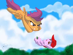 Size: 1024x768 | Tagged: artist:emr0304, danger, derpibooru import, determined, falling, oc, oc:rose blossom, rescue, safe, scootaloo