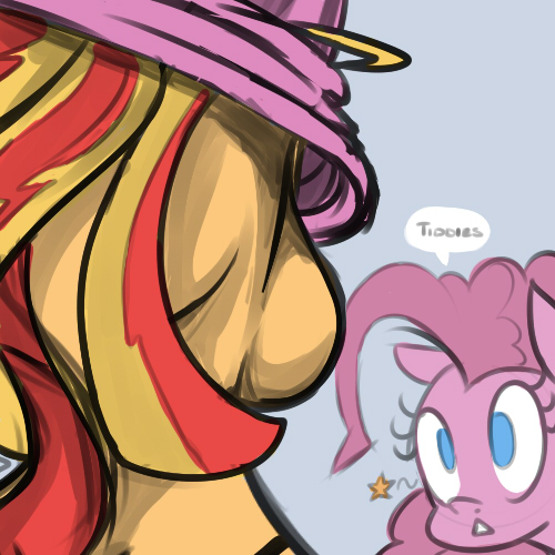 Size: 500x500 | Tagged: questionable, artist:moronsonofboron, artist:reiduran, derpibooru import, pinkie pie, sunset shimmer, earth pony, human, pony, :<, breasts, busty sunset shimmer, clothes, colored, eyes on the prize, female, humanized, lesbian, nudity, pinkie loves bacon bits, shirt lift, sideboob, simple background, sketch, stars, stripping, sunsetpie, undressing, wide eyes