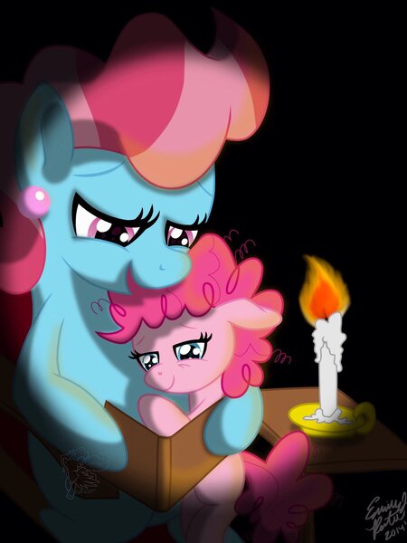 Size: 1024x1365 | Tagged: artist:emr0304, bedtime, bedtime story, book, cup cake, cute, diapinkes, fanfic art, filly, how a pie became a cake, pinkie pie, safe, sleepy