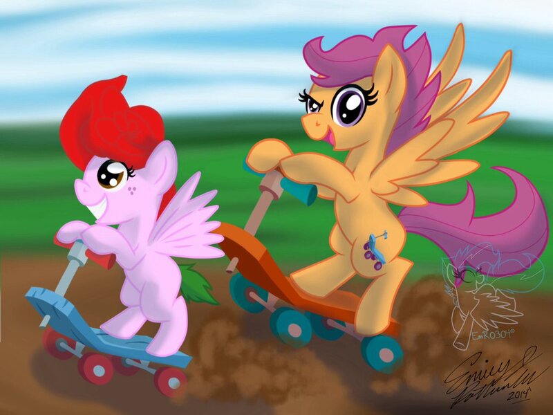 Size: 1024x768 | Tagged: artist:emr0304, derpibooru import, oc, oc:rose blossom, riding, safe, scootaloo, scooter