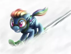 Size: 2300x1760 | Tagged: safe, artist:chiramii-chan, derpibooru import, rainbow dash, goggles, skiing, skis, snow, solo