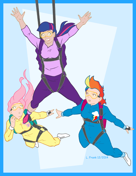 Size: 814x1047 | Tagged: air ponyville, artist:wom-bat, clothes, derpibooru import, fluttershy, human, humanized, jumpsuit, parachute, parachuting, rainbow dash, safe, skydiving, twilight sparkle