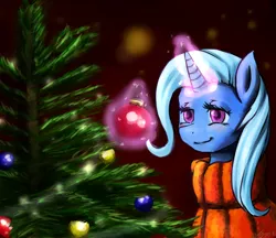 Size: 2200x1900 | Tagged: safe, artist:benjik, derpibooru import, trixie, pony, unicorn, christmas, christmas tree, clothes, female, mare, solo, sweater, tree