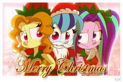 Size: 1524x1024 | Tagged: safe, artist:fj-c, derpibooru import, adagio dazzle, aria blaze, sonata dusk, equestria girls, rainbow rocks, cute, dazzlebetes, hat, holly, holly mistaken for mistletoe, santa hat, the dazzlings