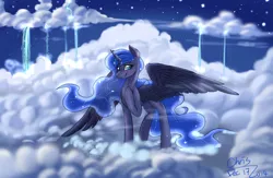 Size: 4000x2600 | Tagged: absurd resolution, artist:xcopyen002, bedroom eyes, blushing, cloud, cloudy, constellation, cute, derpibooru import, missing accessory, night, princess luna, raised leg, safe, smiling, solo, spread wings, stars, waterfall