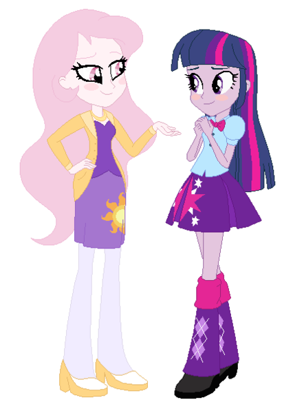 Size: 430x606 | Tagged: safe, artist:unoriginai, derpibooru import, princess celestia, twilight sparkle, equestria girls, alternate design, blushing, cute, female, lesbian, pink-mane celestia, shipping, twilestia, younger