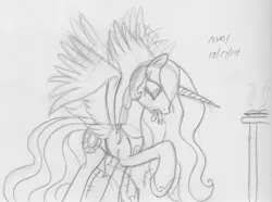 Size: 1223x910 | Tagged: safe, artist:slash-sun-slash, derpibooru import, princess celestia, pony, burn, burned, celestiadoodle, crying, dork, flapping, monochrome, oven, princess dorklestia, raised hoof, silly, silly pony, solo, stomping, traditional art