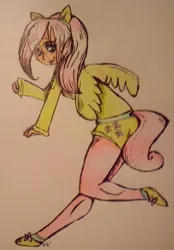 Size: 817x1175 | Tagged: artist:pupperson9, cosplay, derpibooru import, fluttershy, human, humanized, safe, solo, traditional art