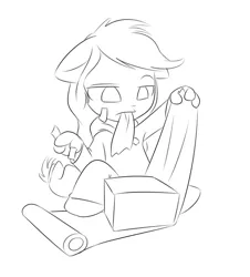 Size: 646x714 | Tagged: safe, artist:alasou, deleted from derpibooru, derpibooru import, applejack, anthro, ambiguous facial structure, chibi, monochrome, present, solo, tape, wrapping