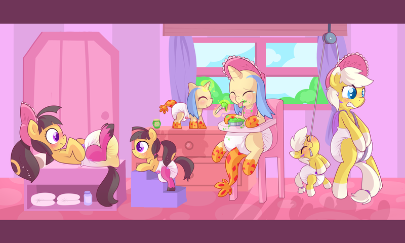 Size: 4500x2700 | Tagged: questionable, artist:cuddlehooves, derpibooru import, oc, oc:mawilepony, oc:milotipony, oc:renapony, ponified, mawile, milotic, pony, renamon, absurd resolution, adult foal, baby, baby pony, bib, bonnet, diaper, diaper change, diaper fetish, digimon, feeding, foal, harness, highchair, pokémon, poofy diaper, self ponidox, urine, wet diaper