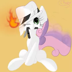 Size: 1280x1280 | Tagged: artist:chowdie, balisong, butterfly knife, derpibooru import, fedora, gentlespy, hat, knife, one eye closed, safe, spy, sweetie belle, sweetie spy, team fortress 2