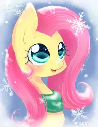Size: 1550x2000 | Tagged: safe, artist:mrsremi, derpibooru import, fluttershy, pegasus, pony, clothes, looking at something, looking up, open mouth, portrait, scarf, smiling, snow, snowfall, snowflake, solo, winter