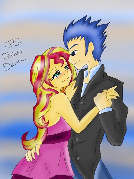 Size: 768x1024 | Tagged: safe, alternate version, artist:brickercupmasterx3, derpibooru import, flash sentry, sunset shimmer, human, equestria girls, bare shoulders, blushing, clothes, cute, dancing, dress, female, flashimmer, looking at each other, male, shipping, slow dancing, straight