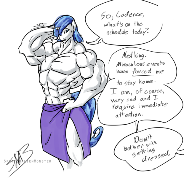 Size: 900x869 | Tagged: anthro, artist:ragewerewolf, bare chest, clothes, derpibooru import, male, muscles, offscreen character, overdeveloped muscles, princess cadance, questionable, shining armor, solo, swelling armor, topless