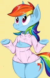 Size: 1235x1920 | Tagged: suggestive, artist:graphenescloset, artist:purple-yoshi-draws, derpibooru import, edit, rainbow dash, pegasus, pony, semi-anthro, bipedal, breasts, chest fluff, clothes, delicious flat chest, female, keyhole turtleneck, mare, open-chest sweater, shirt, shrug, solo, solo female, sweater, turtleneck, underhoof, wingless