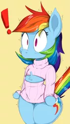 Size: 1019x1800 | Tagged: suggestive, artist:graphenescloset, artist:purple-yoshi-draws, derpibooru import, edit, rainbow dash, pony, semi-anthro, bipedal, chest fluff, clothes, exclamation point, female, keyhole turtleneck, mare, open clothes, open-chest sweater, shirt, shocked, solo, solo female, surprised, sweater, turtleneck, wide eyes, wingless