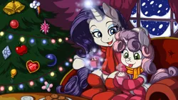 Size: 2400x1350 | Tagged: safe, artist:latecustomer, derpibooru import, rarity, sweetie belle, christmas tree, clothes, cookie, couch, cute, diasweetes, hot chocolate, magic, raribetes, scarf, sisters, snow, snowfall, socks, striped socks, tongue out, tree, wallpaper, winter