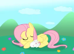 Size: 808x593 | Tagged: angel bunny, artist:lifesharbinger, cloud, cloudy, derpibooru import, fluttershy, safe, sleeping