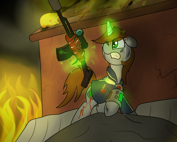 Size: 1000x800 | Tagged: semi-grimdark, artist:datte-before-dawn, derpibooru import, oc, oc:littlepip, unofficial characters only, pony, unicorn, fallout equestria, fanfic, angry, arbu, blood, clothes, crying, fanfic art, female, fire, floppy ears, glowing horn, gritted teeth, gun, hooves, horn, levitation, magic, mare, optical sight, pipbuck, smoke, solo, teeth, telekinesis, vault suit, weapon, zebra rifle