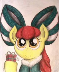 Size: 814x982 | Tagged: safe, artist:thefriendlyelephant, derpibooru import, apple bloom, adorabloom, christmas, clothes, cute, present, solo, traditional art