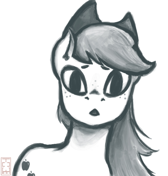 Size: 2000x2100 | Tagged: safe, artist:theonlywolf100, derpibooru import, applejack, black and white, cute, grayscale, monochrome, ponytail, portrait, sketch