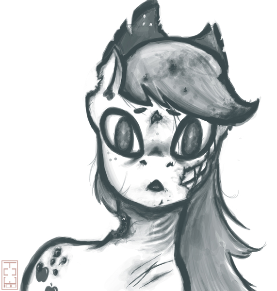 Size: 2000x2100 | Tagged: apocalypse, apple, applejack, artist:theonlywolf100, black and white, creepy, derpibooru import, detailed, grayscale, grimdark, monochrome, portrait, sad, sketch, violent, zombie