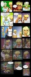 Size: 1656x4160 | Tagged: anthro, applejack, artist:zoarenso, bra, breasts, clothes, comic, comic:harsh apples, derpibooru import, granny smith, harsh apples, ms. harshwhinny, mud, pink bra, pink underwear, rock bottom, shirt, shirt lift, suggestive, underwear