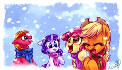 Size: 1550x900 | Tagged: safe, artist:whitediamonds, derpibooru import, apple bloom, applejack, big macintosh, rarity, blushing, breath, catching snowflakes, clothes, cold, female, laughing, lesbian, male, open mouth, rarijack, rarijack daily, scarf, shipping, snow, snowfall, snowflake, tongue out