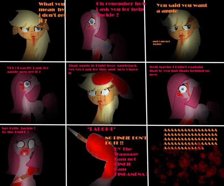 Size: 982x814 | Tagged: applejack, artist:pexxastar, blood, comic, derpibooru import, pinkamena diane pie, pinkie pie, semi-grimdark