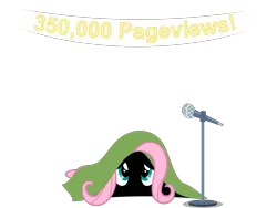 Size: 2967x2233 | Tagged: artist:zacatron94, banner, blanket, cute, derpibooru import, deviantart, fluttershy, hiding, looking at you, microphone, safe, scared, simple background, solo, transparent background, vector