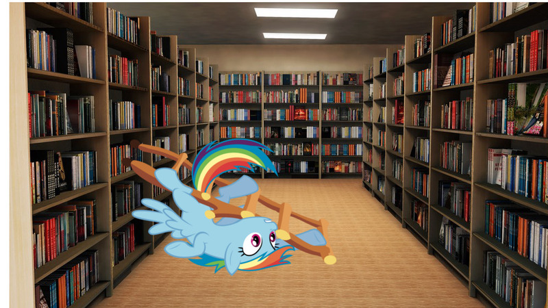 Size: 1000x563 | Tagged: artist:mrdoctorderpy, bookstore, derpibooru import, irl, ladder, photo, ponies in real life, rainbow dash, safe