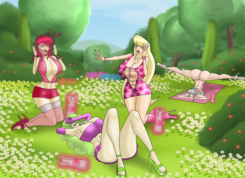 Size: 1363x988 | Tagged: abs, armpits, artist:annon, backbend, belly button, big breasts, bimbo, bimboification, blonde, blonde hair, blossomforth, blushing, bracelet, breasts, busty blossomforth, busty daisy, busty lily valley, busty roseluck, choker, clothes, collar, curvy, daisy, eyebrows, eyelashes, eyeliner, eyes closed, eyeshadow, feet, female, flexible, flower, flower in hair, flower trio, flower wishes, gloves, glow, green eyes, green hair, green lipstick, hair over one eye, high heels, huge breasts, human, human coloration, humanized, impossibly large breasts, jewelry, large butt, lily, lily valley, lipstick, long gloves, long hair, long nails, magic, makeup, midriff, multicolored hair, nail polish, necklace, questionable, red hair, roseluck, shoes, splits, that pony sure is flexible, toes, yellow hair