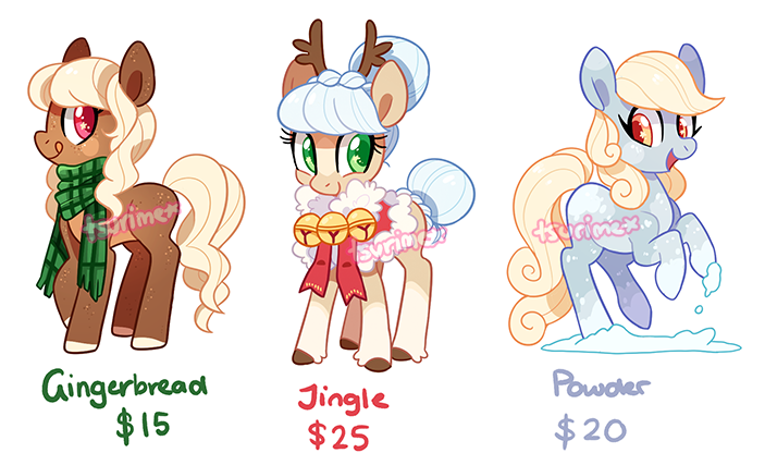 Size: 703x427 | Tagged: safe, artist:tsurime, derpibooru import, oc, oc:gingerbread, oc:jingle, oc:powder, unofficial characters only, earth pony, pony, adoptable, bell, bell collar, bells, clothes, collar, female, freckles, jingle bells, mare, scarf, simple background, smiling, snow, tongue out, transparent background, unshorn fetlocks