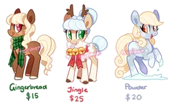 Size: 703x427 | Tagged: safe, artist:tsurime, derpibooru import, oc, oc:gingerbread, oc:jingle, oc:powder, unofficial characters only, earth pony, pony, adoptable, bell, bell collar, bells, clothes, collar, female, freckles, jingle bells, mare, scarf, simple background, smiling, snow, tongue out, transparent background, unshorn fetlocks