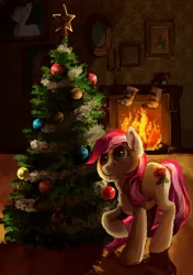 Size: 632x900 | Tagged: safe, artist:lis-alis, derpibooru import, roseluck, earth pony, pony, christmas, christmas ornament, christmas tree, decoration, female, fireplace, fluffy, looking at something, mare, mouth hold, raised hoof, solo, tree