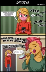 Size: 870x1350 | Tagged: safe, artist:uotapo, derpibooru import, idw, babs seed, sunflower (character), equestria girls, adorababs, babs seed song, comic, cute, dialogue, ear piercing, earring, hairbrush, jewelry, piercing, singing, song reference, speech bubble