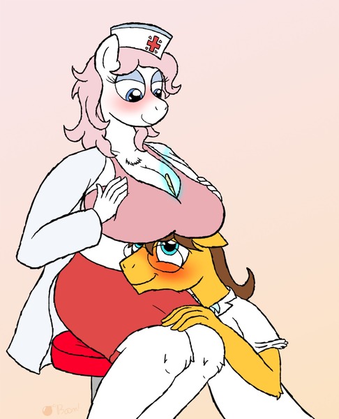 Size: 1280x1579 | Tagged: anthro, artist:gunpowdergreentea, bedroom eyes, between breasts, big breasts, blushing, boobhat, boobjob, bra, breasts, busty nurse redheart, cleavage, clothes, doctor horse, doctor stable, female, floppy ears, gradient background, hornboner, hornjob, huge breasts, magic, midriff, nudity, nurse outfit, nurse redheart, paisorcery, questionable, sitting, smiling, stableheart, underwear